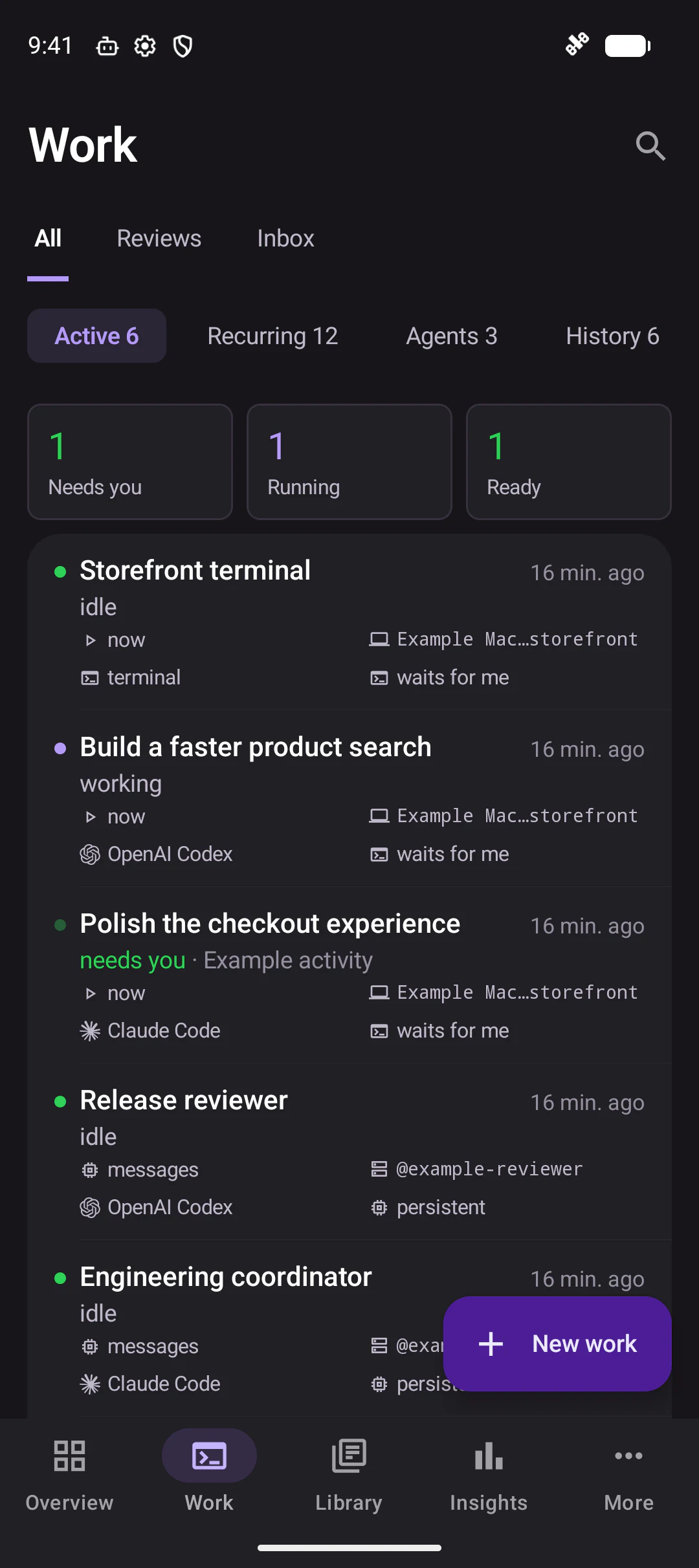 Native Android Work screen with agents and local sessions