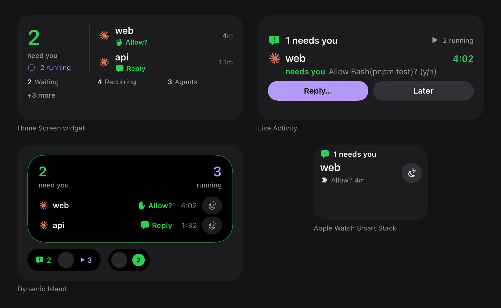 Native iOS widget, Live Activity, and Watch Smart Stack components showing example work that needs attention