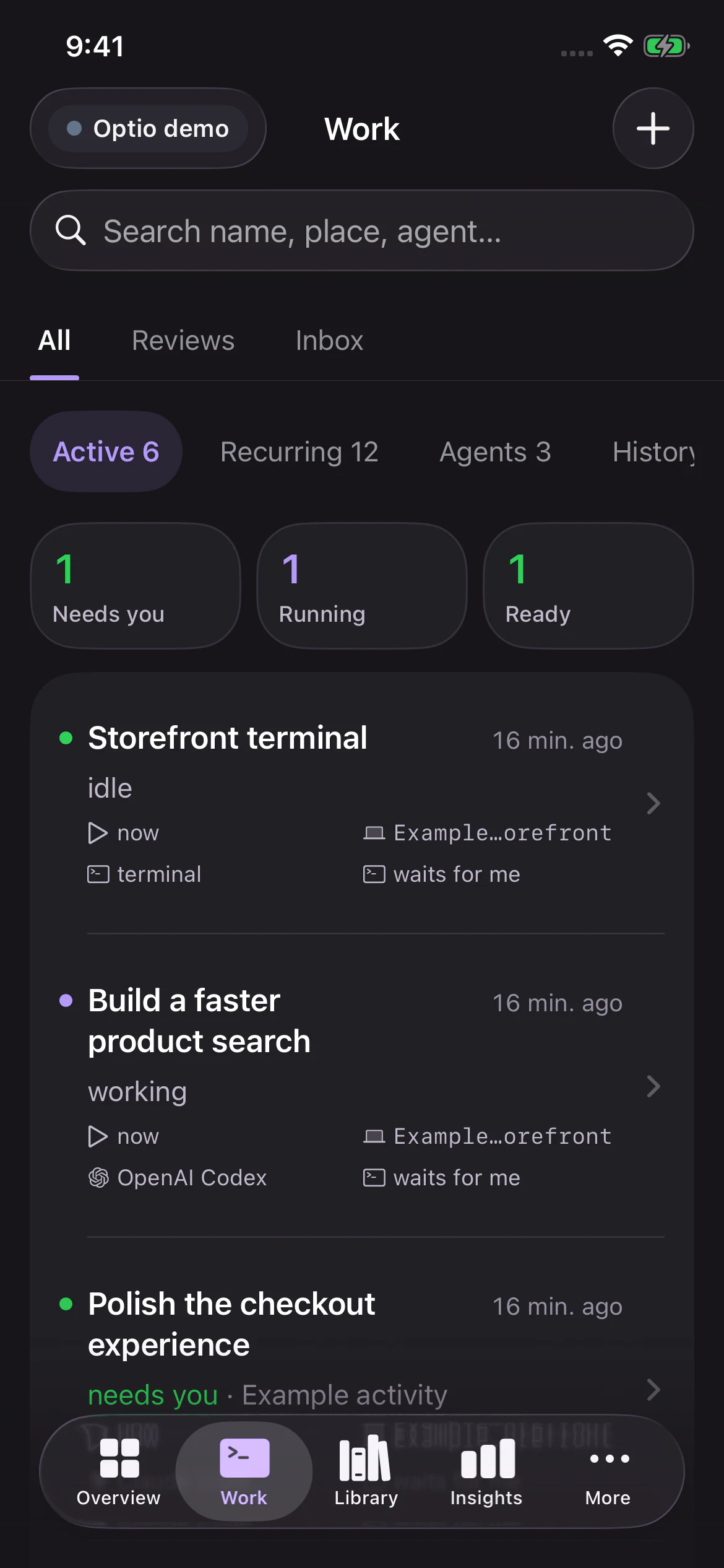 Native iOS Work screen with active Claude Code and Codex sessions